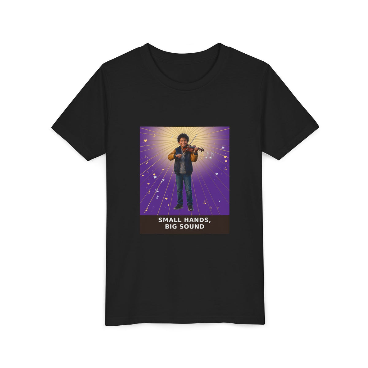 Small Hands, Big Sound — Latino Boy Violin Pre-Teen Musician Tee (Royal Purple) (Front Print)