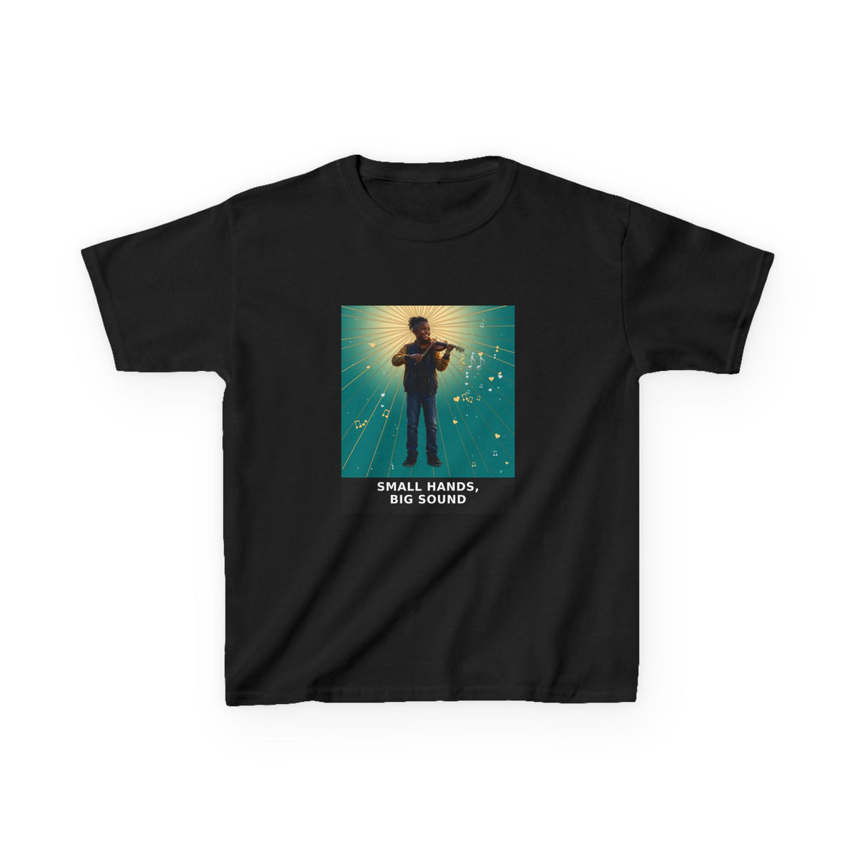 Small Hands, Big Sound — Black Boy Violin Pre-Teen Musician Tee (Teal) (Budget Edition) (Front Print)