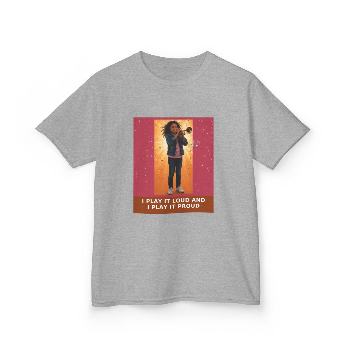 I Play It Loud and I Play It Proud — Latina Girl Trumpet Pre-Teen Musician Tee (Rose) (Budget Edition) (Front Print)
