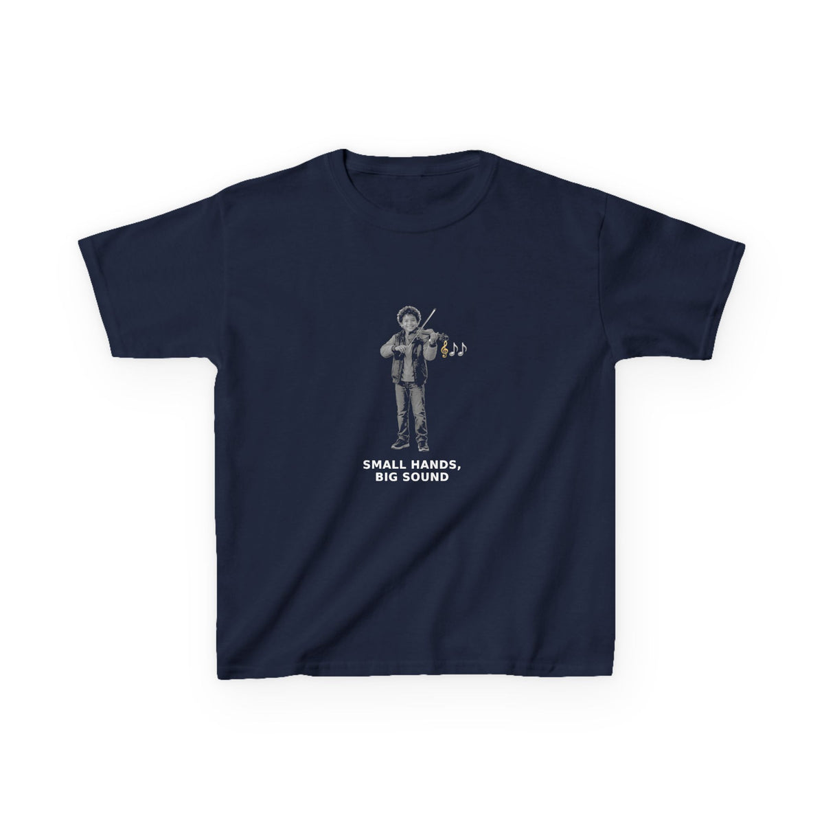 Small Hands, Big Sound — Latino Boy Violin Pre-Teen Musician Tee (White Ink) (Budget Edition) (Front Print)