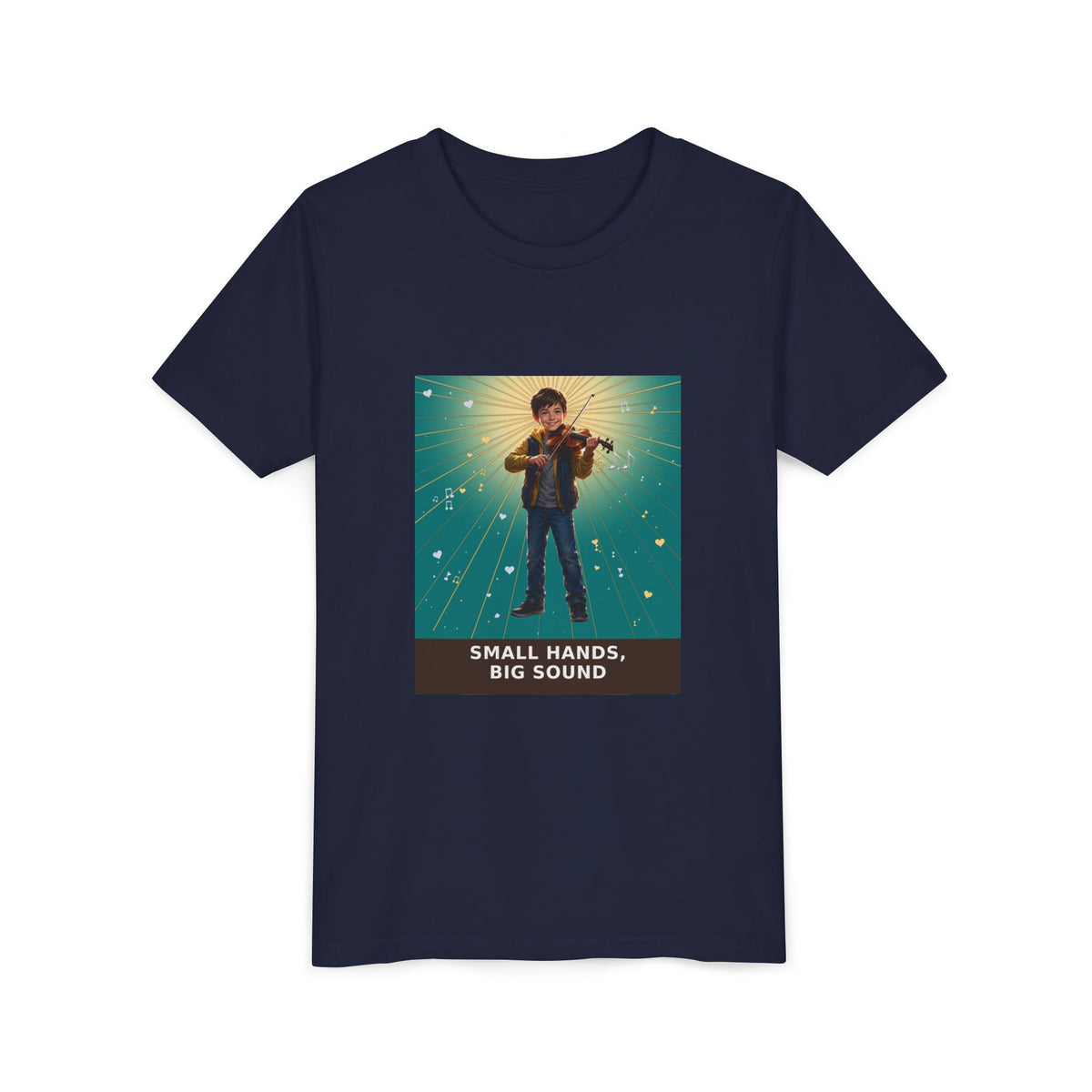 Small Hands, Big Sound — Boy Violin Pre-Teen Musician Tee (Teal) (Front Print)