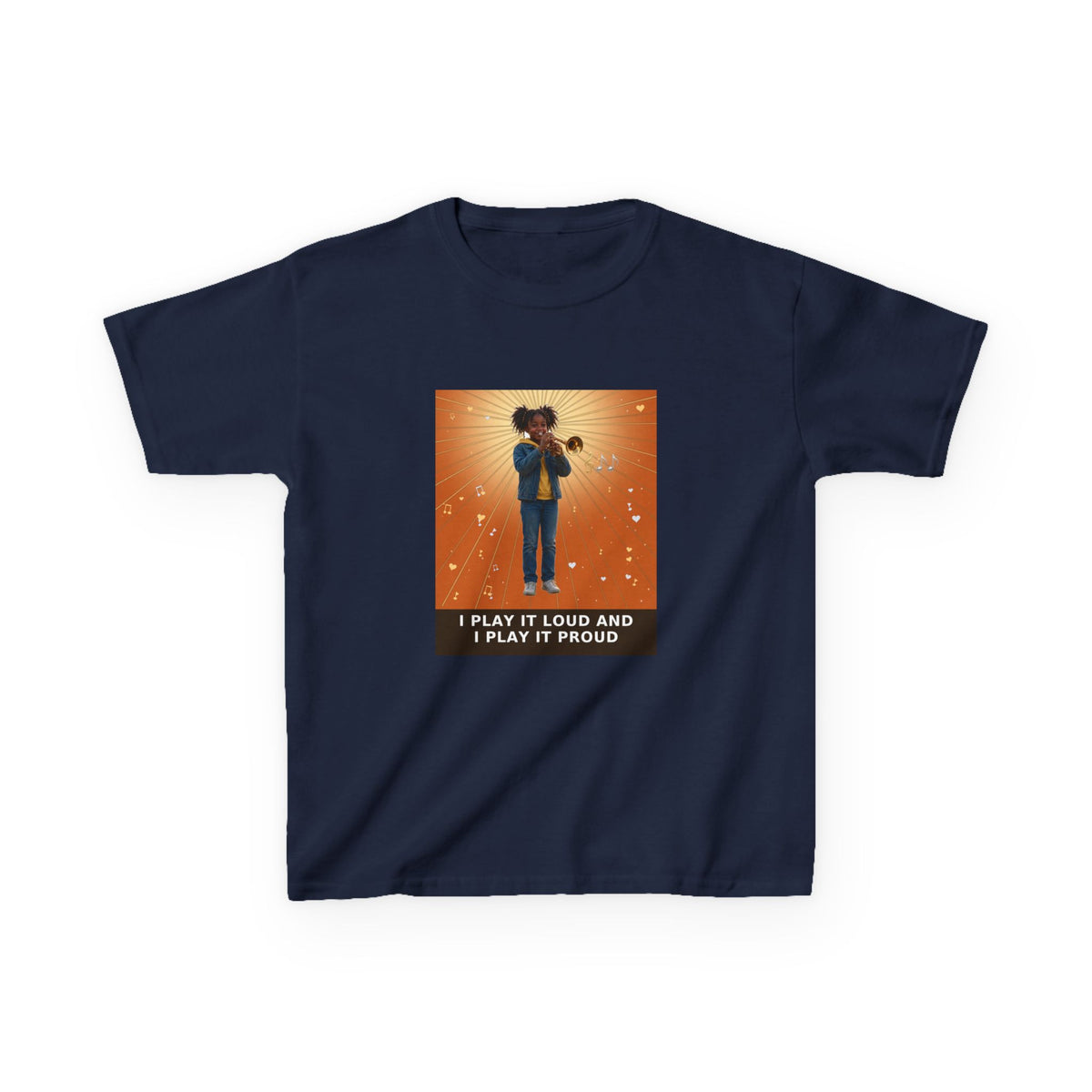 I Play It Loud and I Play It Proud — Black Girl Trumpet Pre-Teen Musician Tee (Sunset Orange) (Budget Edition) (Front Print)