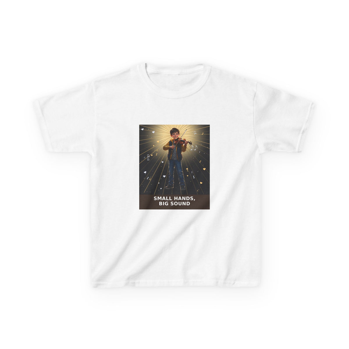 Small Hands, Big Sound — Boy Violin Pre-Teen Musician Tee (Budget Edition) (Front Print)