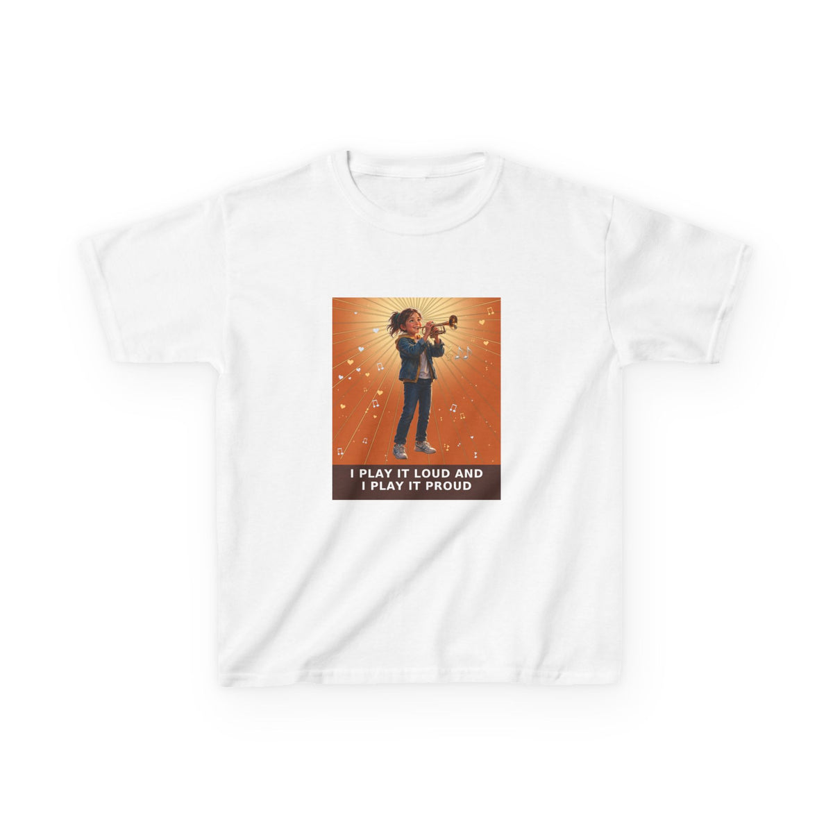 I Play It Loud and I Play It Proud — Girl Trumpet Pre-Teen Musician Tee (Sunset Orange) (Budget Edition) (Front Print)