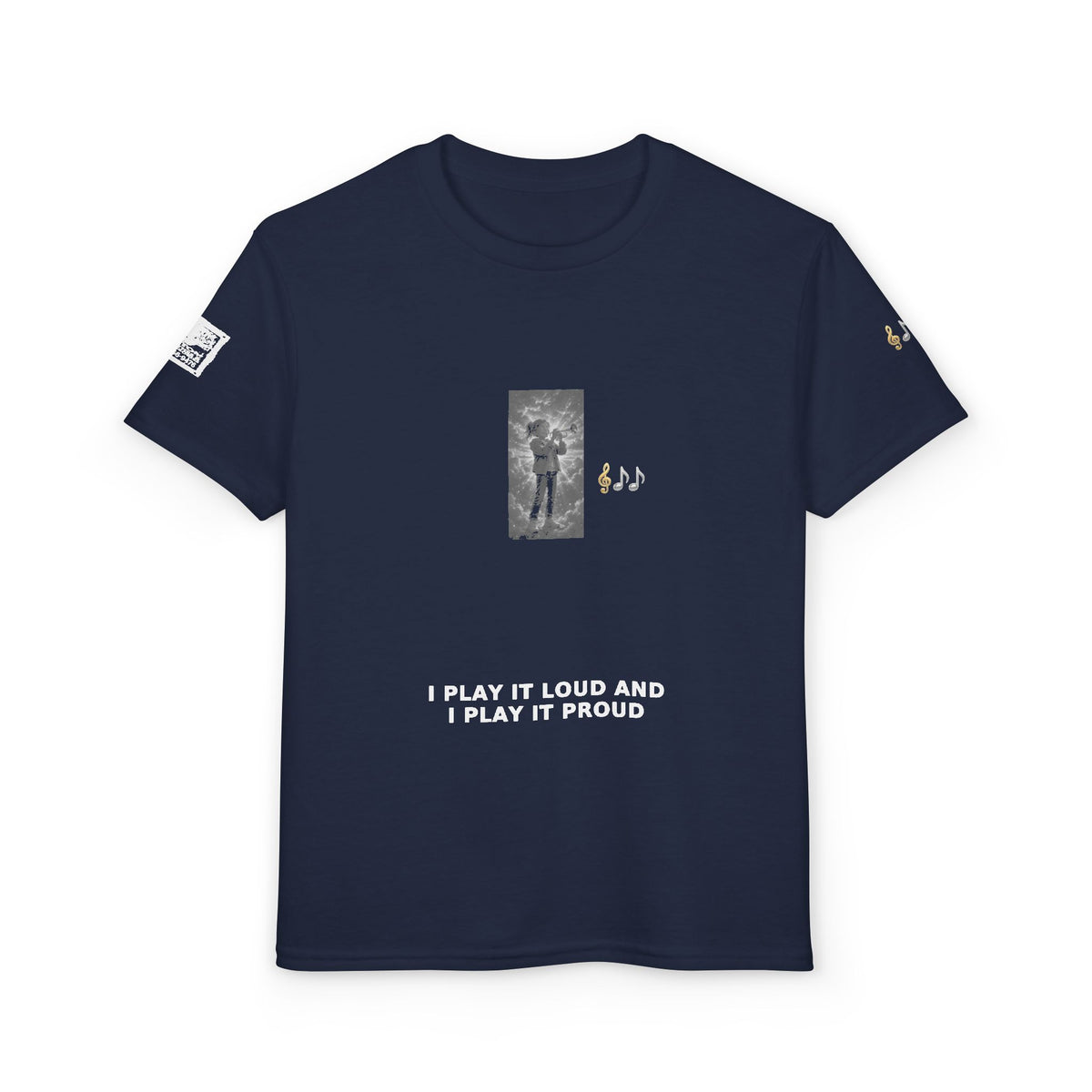 I Play It Loud and I Play It Proud — Girl Trumpet Pre-Teen Musician Tee (White Ink)