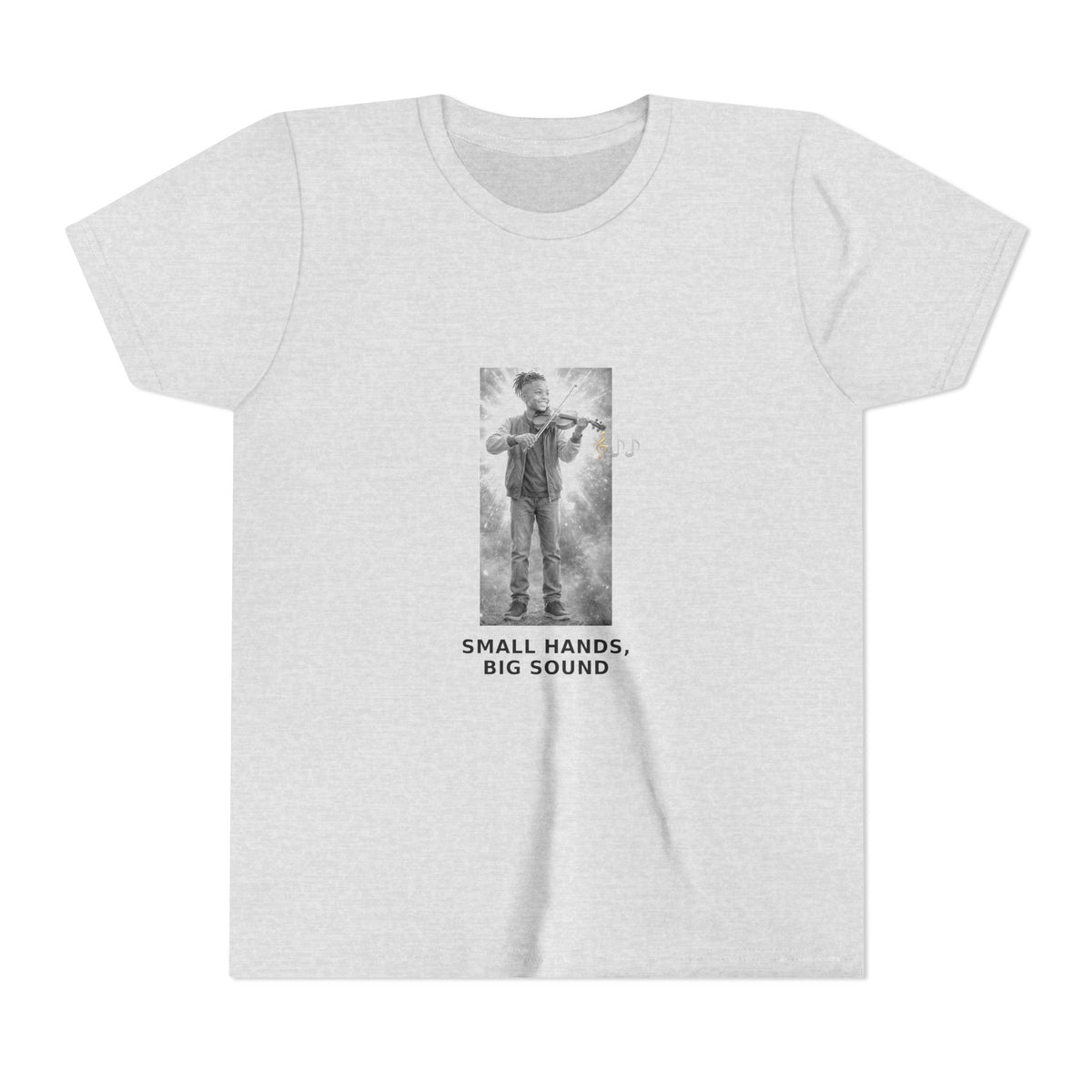 Small Hands, Big Sound — Black Boy Violin Pre-Teen Musician Tee (Black Ink) (Front Print)