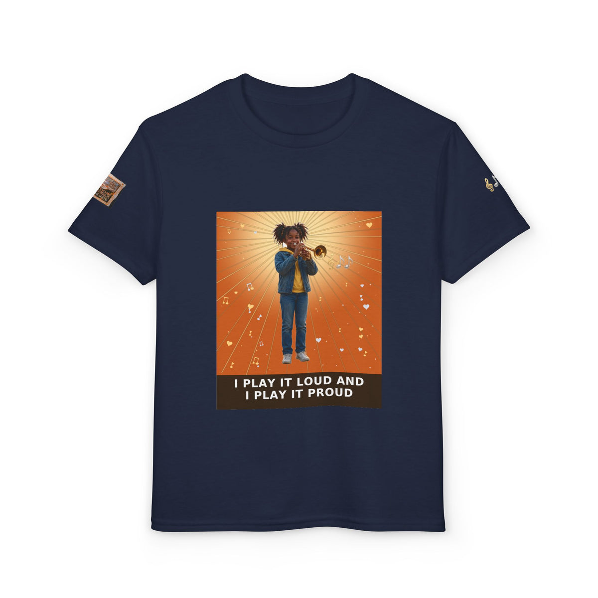 I Play It Loud and I Play It Proud — Black Girl Trumpet Pre-Teen Musician Tee (Sunset Orange)