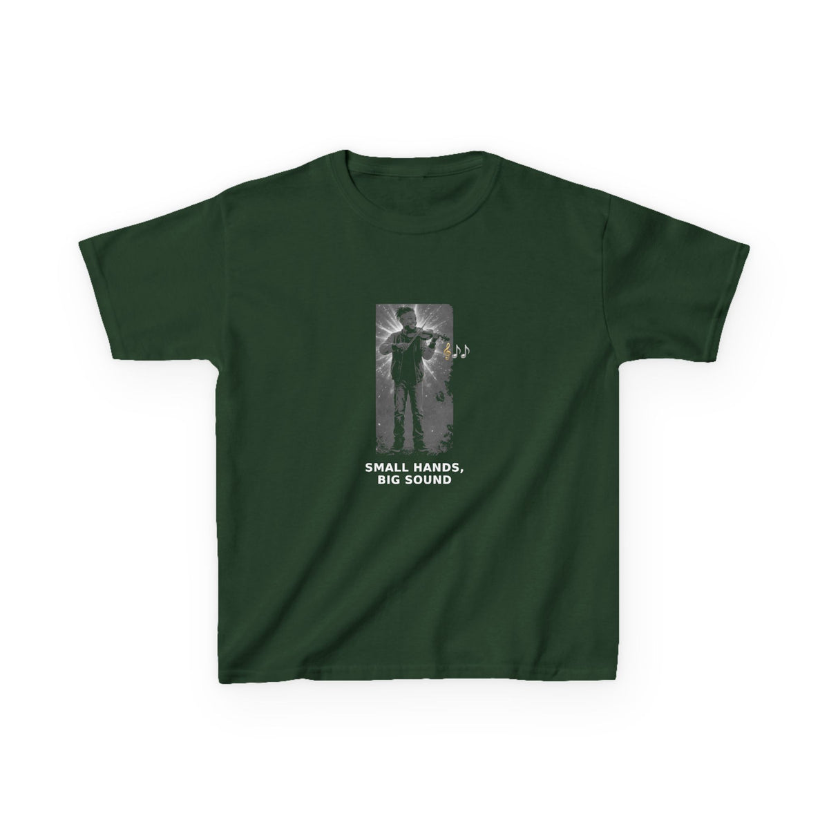 Small Hands, Big Sound — Black Boy Violin Pre-Teen Musician Tee (White Ink) (Budget Edition) (Front Print)