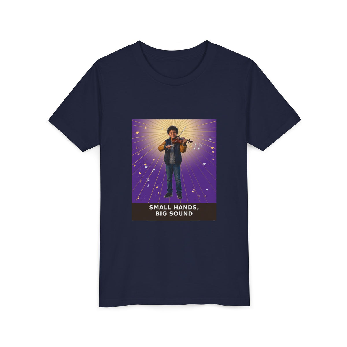 Small Hands, Big Sound — Latino Boy Violin Pre-Teen Musician Tee (Royal Purple) (Front Print)