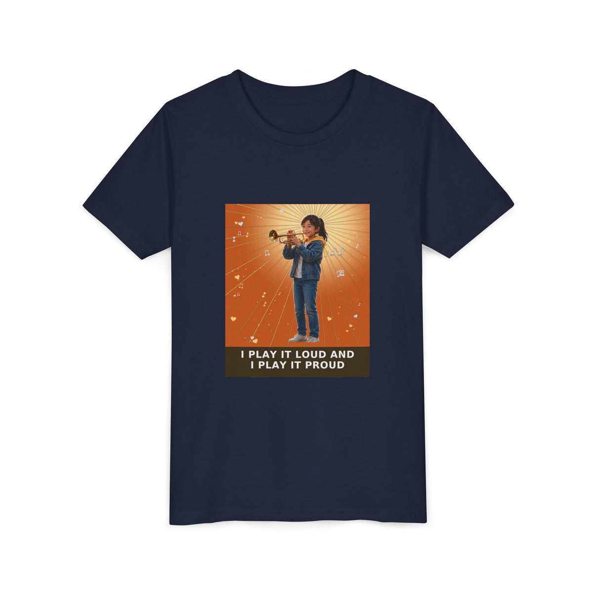 I Play It Loud and I Play It Proud — Asian Girl Trumpet Pre-Teen Musician Tee (Sunset Orange) (Front Print)