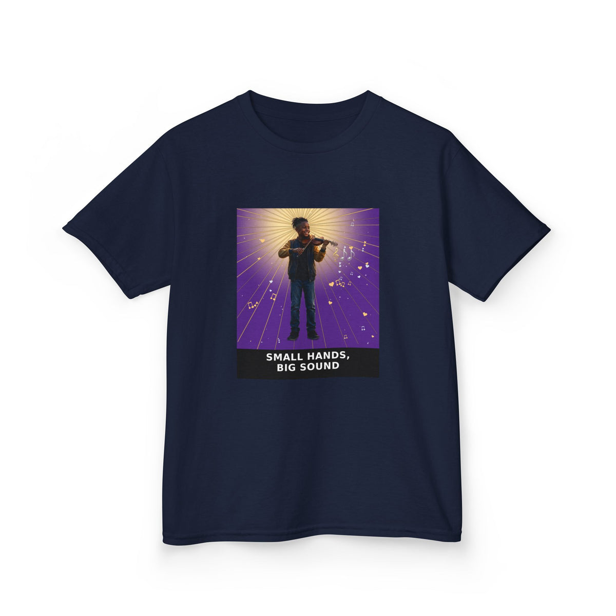 Small Hands, Big Sound — Black Boy Violin Pre-Teen Musician Tee (Royal Purple) (Budget Edition) (Front Print)