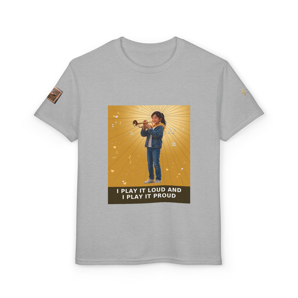 I Play It Loud and I Play It Proud — Asian Girl Trumpet Pre-Teen Musician Tee (Golden Amber)