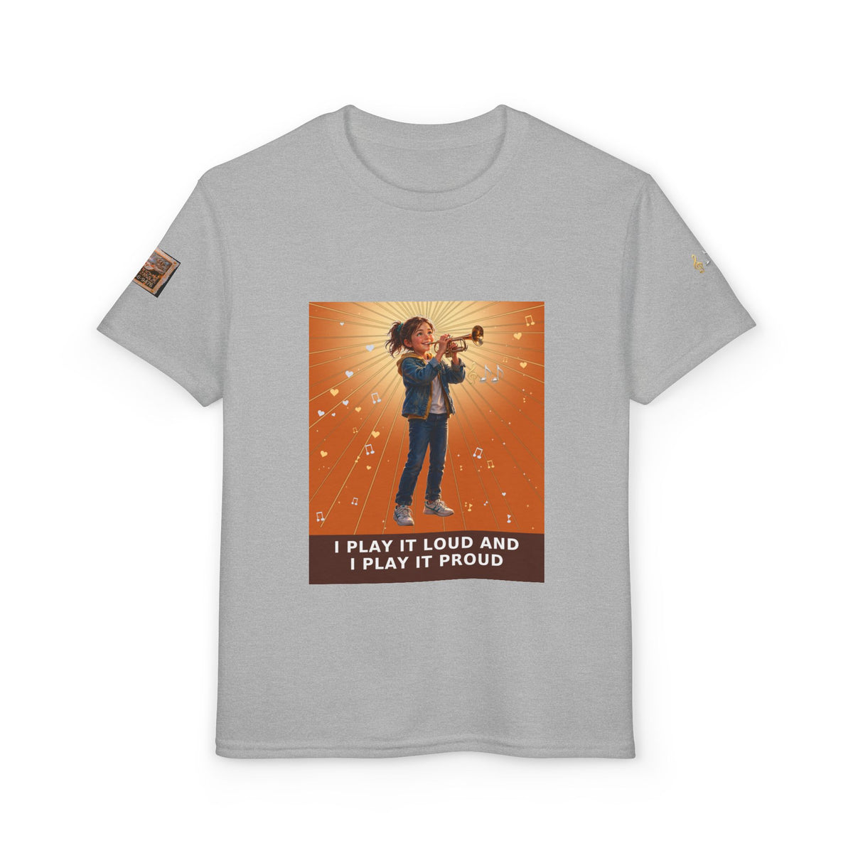I Play It Loud and I Play It Proud — Girl Trumpet Pre-Teen Musician Tee (Sunset Orange)