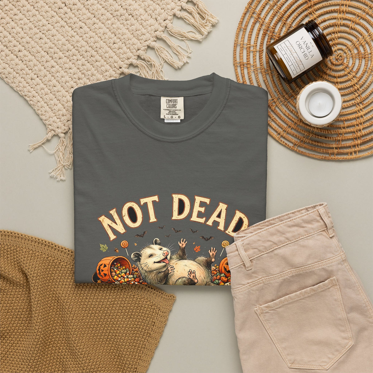 Possum Halloween T-Shirt - Not Dead Just in a Candy Coma Funny Opossum Vintage Tee, Spooky Candy Pile Gift
