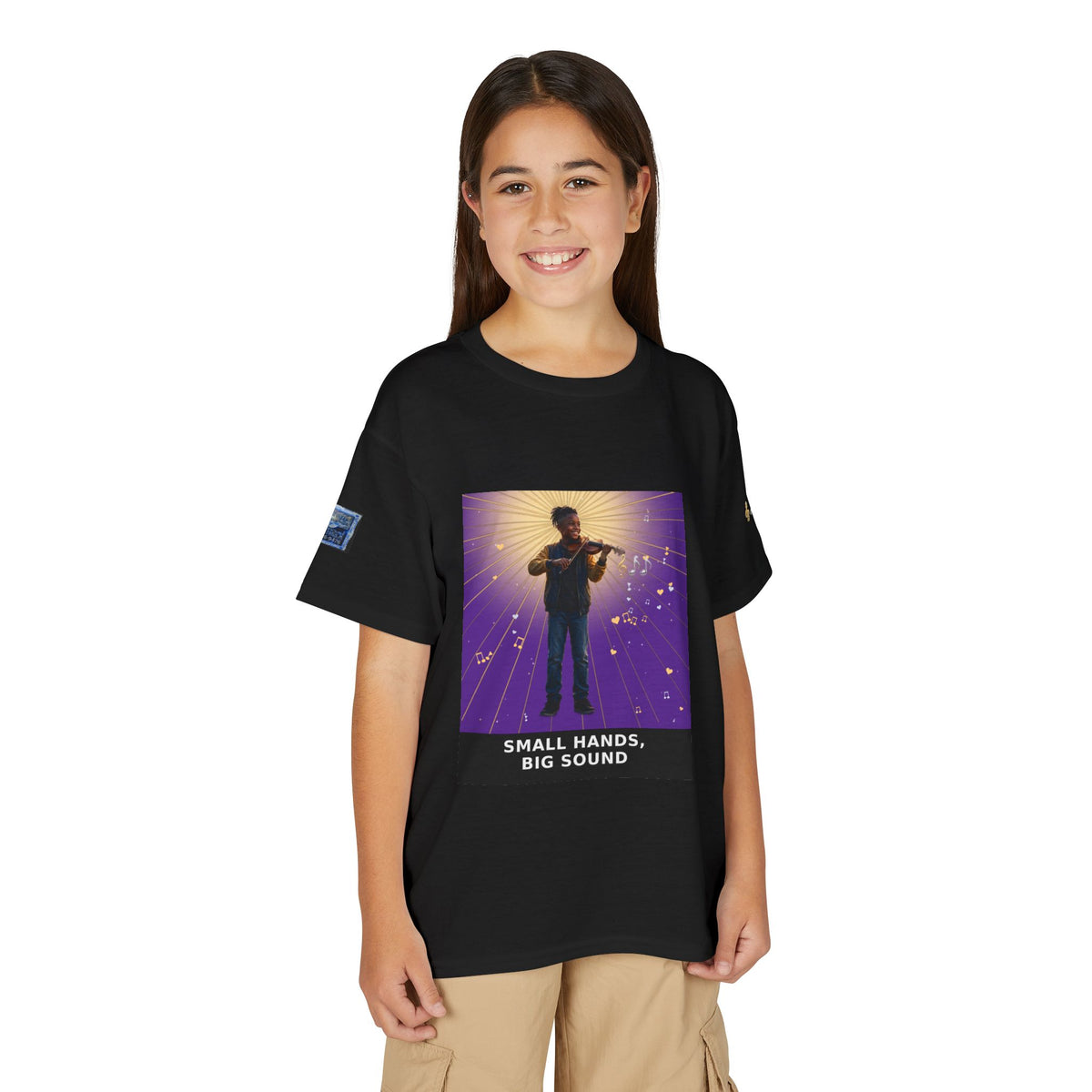 Small Hands, Big Sound — Black Boy Violin Pre-Teen Musician Tee (Royal Purple)