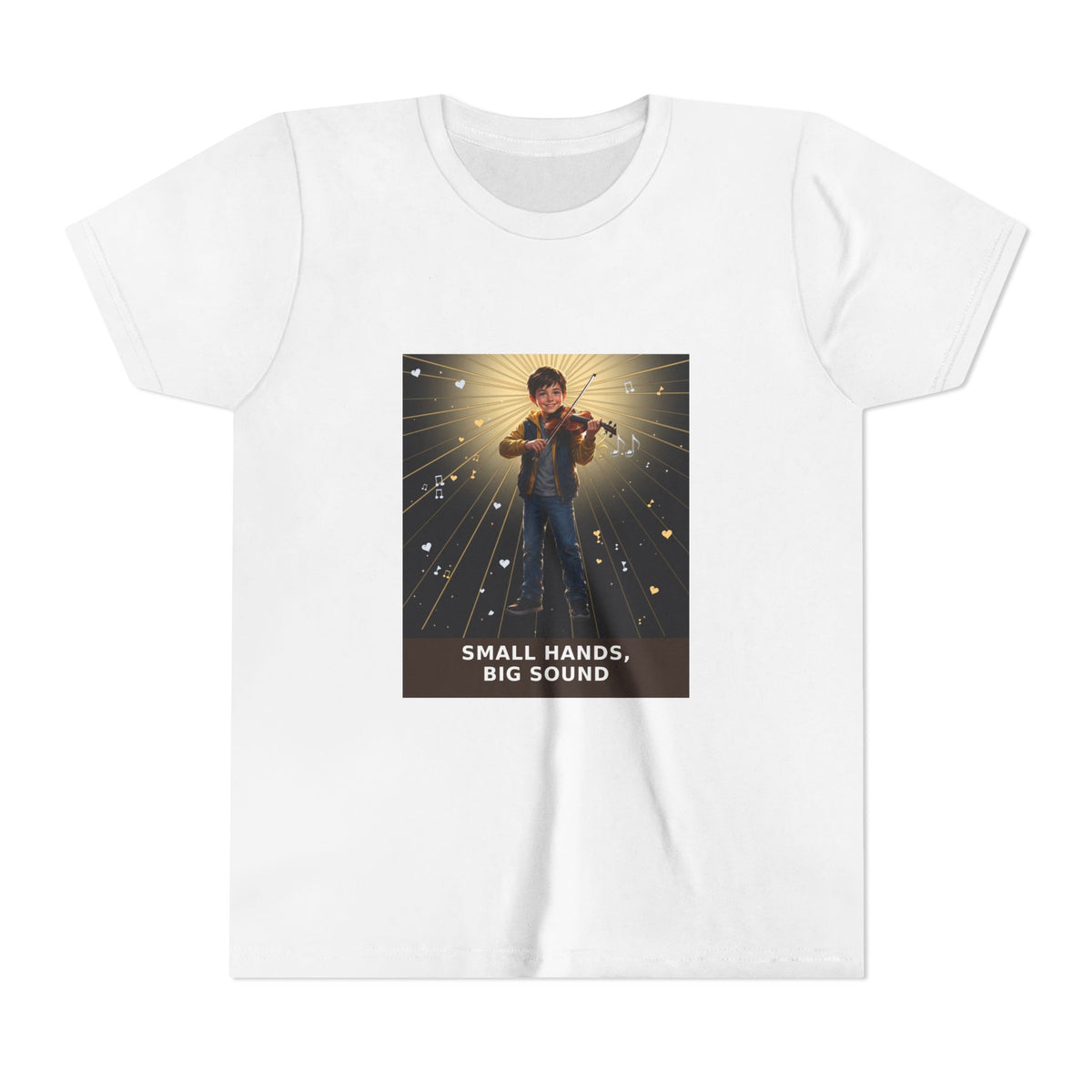 Small Hands, Big Sound — Boy Violin Pre-Teen Musician Tee (Front Print)
