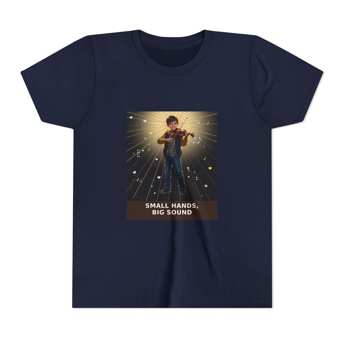 Small Hands, Big Sound — Boy Violin Pre-Teen Musician Tee (Front Print)