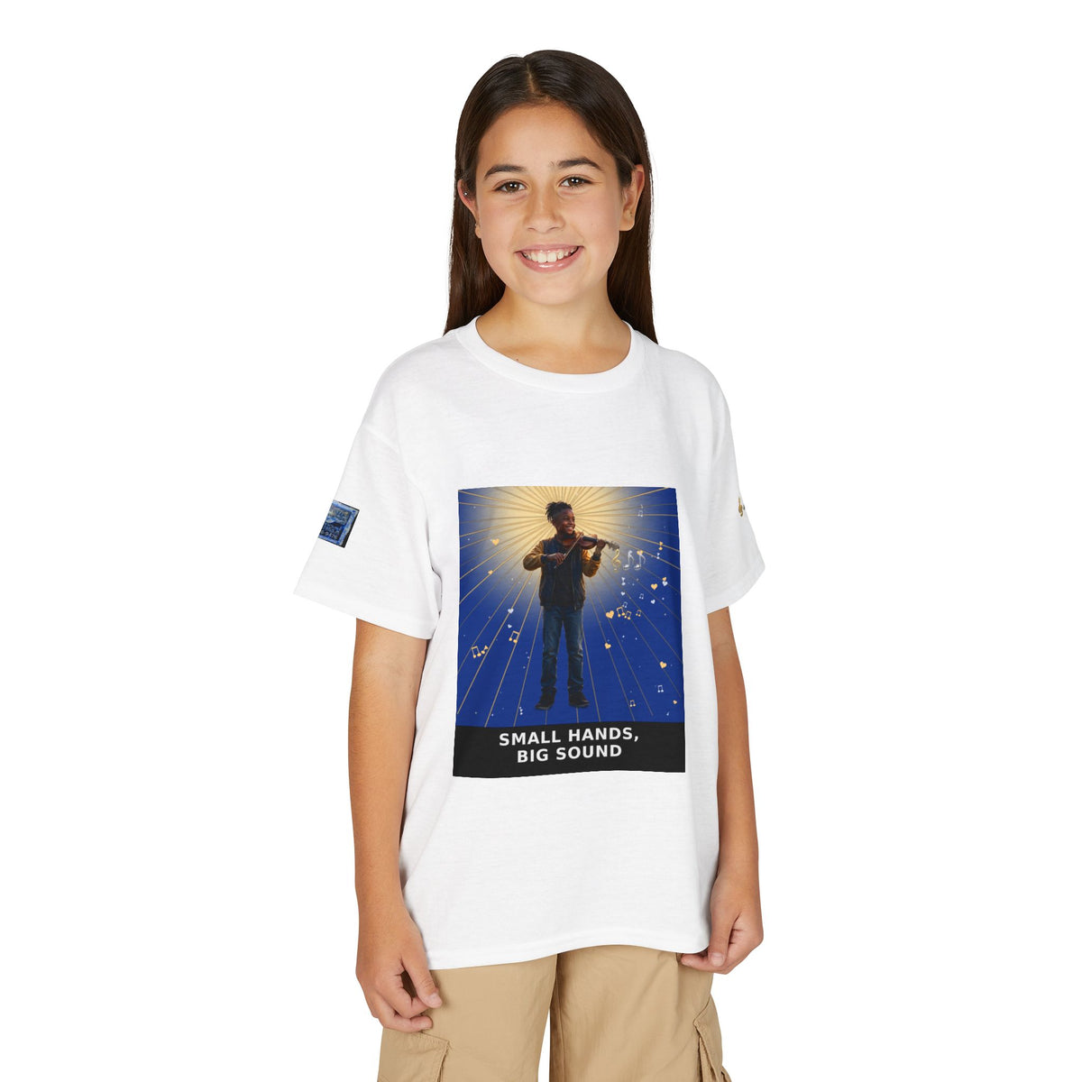 Small Hands, Big Sound — Black Boy Violin Pre-Teen Musician Tee (Deep Blue) (Budget Edition)
