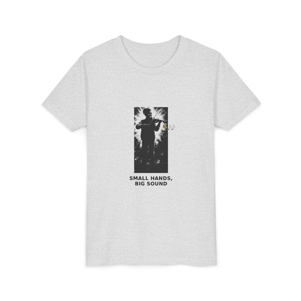 Small Hands, Big Sound — Black Boy Violin Pre-Teen Musician Tee (Black Ink) (Front Print)