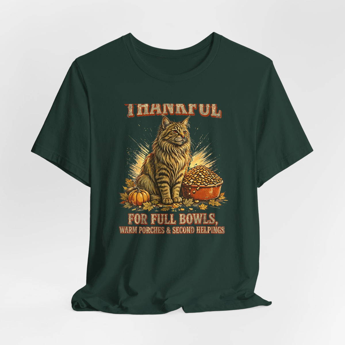 Thankful Cat T-Shirt - Full Bowls, Warm Porches & Second Helpings - Thanksgiving Cat Tee