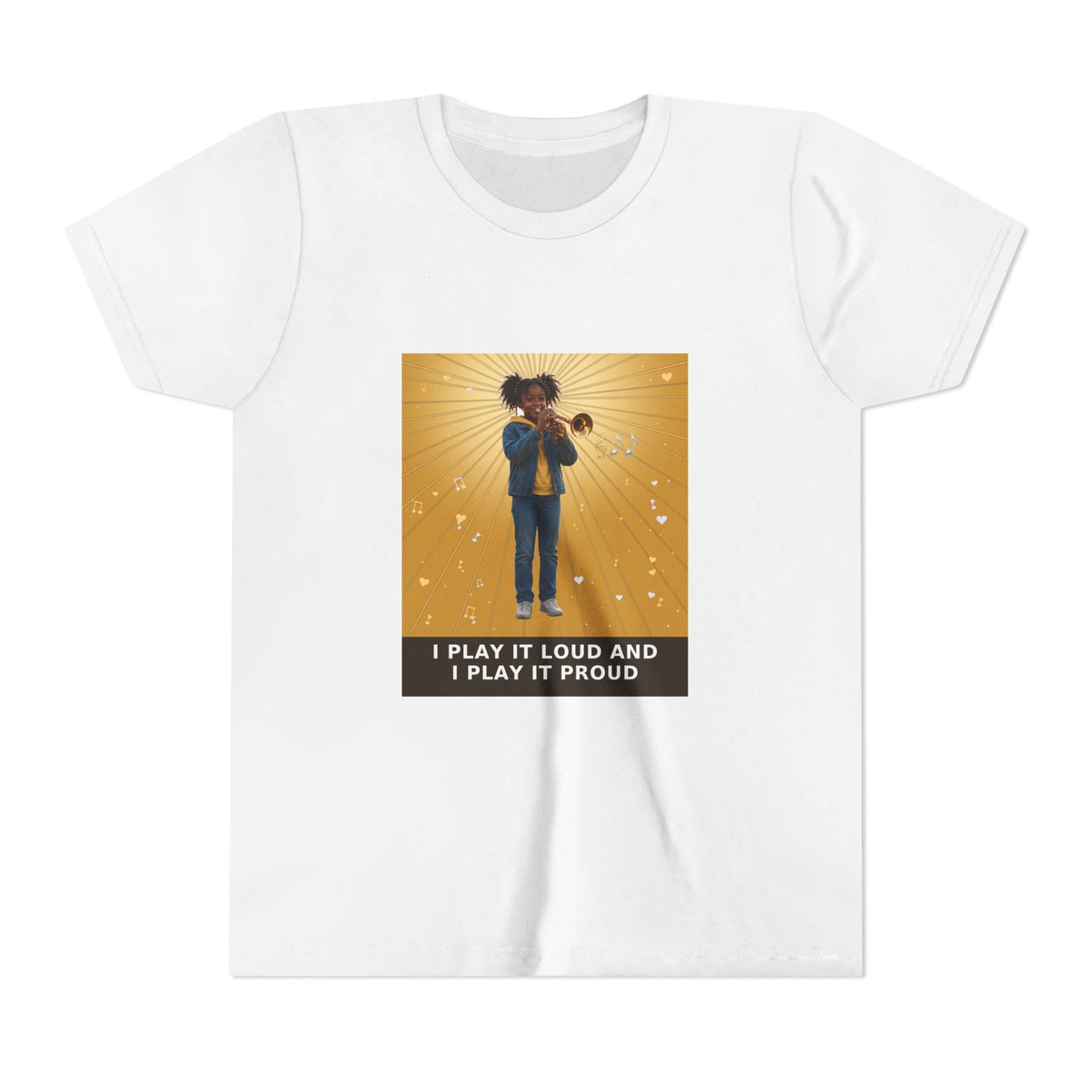 I Play It Loud and I Play It Proud — Black Girl Trumpet Pre-Teen Musician Tee (Golden Amber) (Front Print)