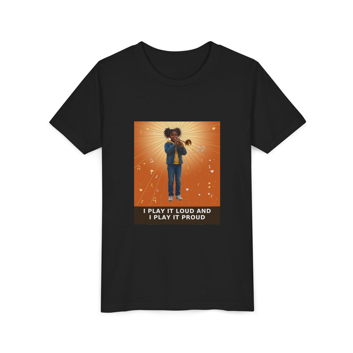 I Play It Loud and I Play It Proud — Black Girl Trumpet Pre-Teen Musician Tee (Sunset Orange) (Front Print)
