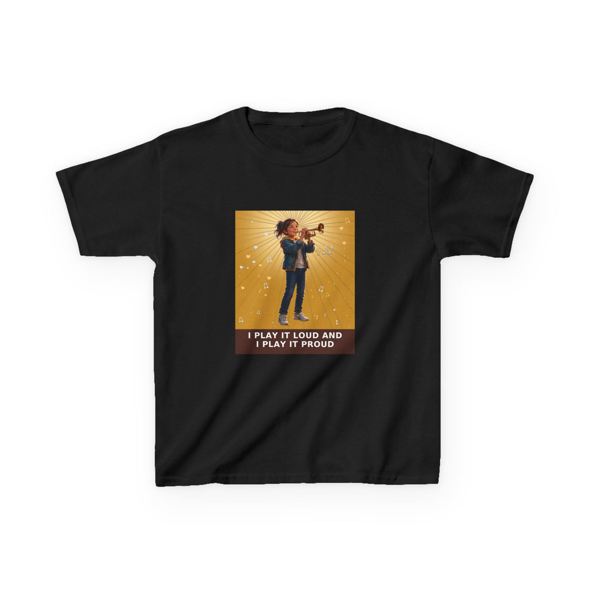 I Play It Loud and I Play It Proud — Girl Trumpet Pre-Teen Musician Tee (Golden Amber) (Budget Edition) (Front Print)