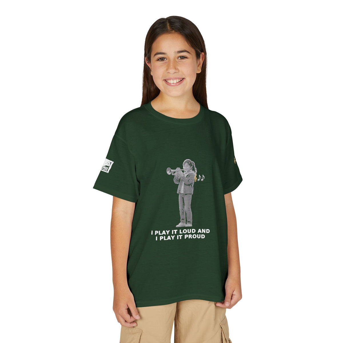 I Play It Loud and I Play It Proud — Asian Girl Trumpet Pre-Teen Musician Tee (White Ink) (Budget Edition)