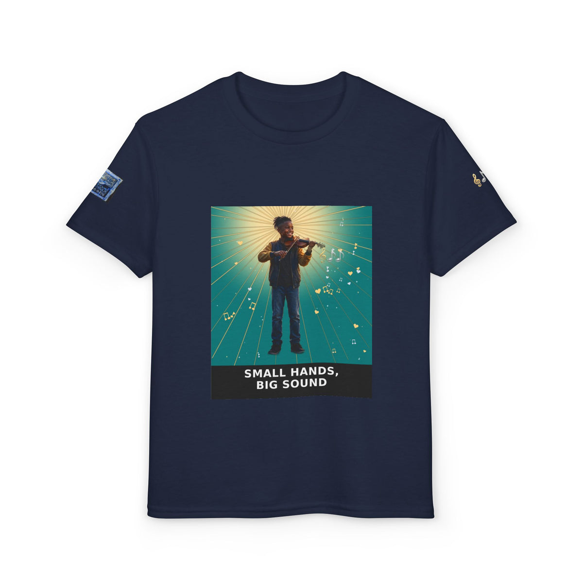 Small Hands, Big Sound — Black Boy Violin Pre-Teen Musician Tee (Teal) (Budget Edition)