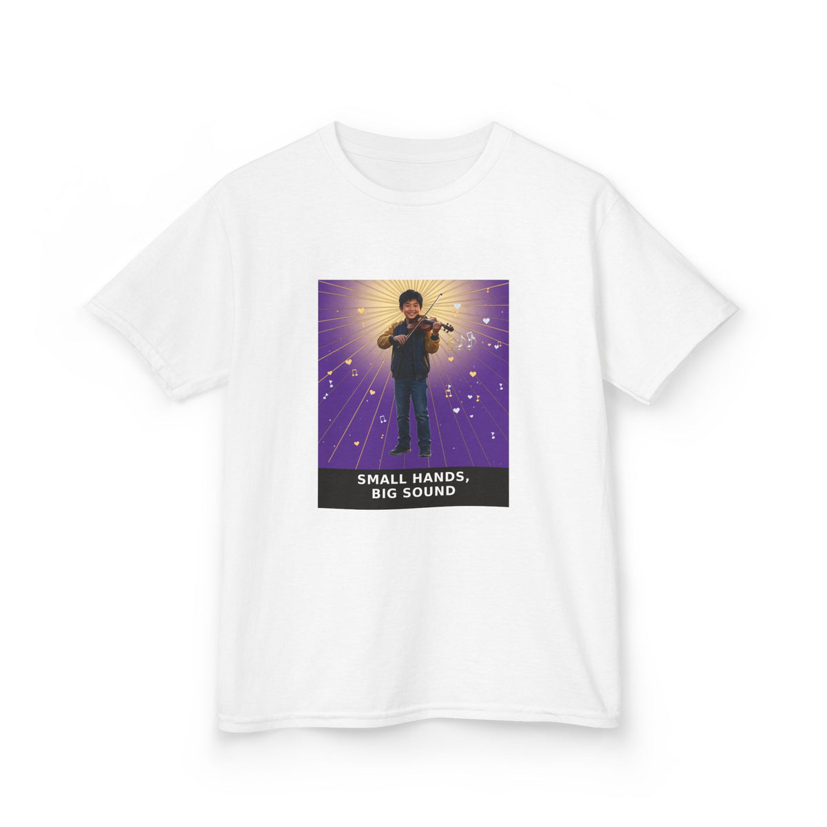 Small Hands, Big Sound — Asian Boy Violin Pre-Teen Musician Tee (Royal Purple) (Budget Edition) (Front Print)