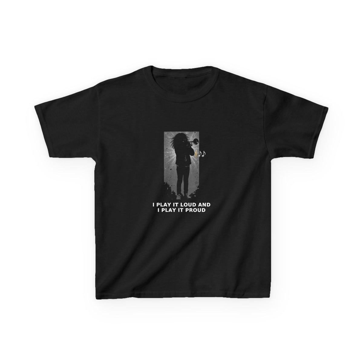 I Play It Loud and I Play It Proud — Latina Girl Trumpet Pre-Teen Musician Tee (White Ink) (Budget Edition) (Front Print)