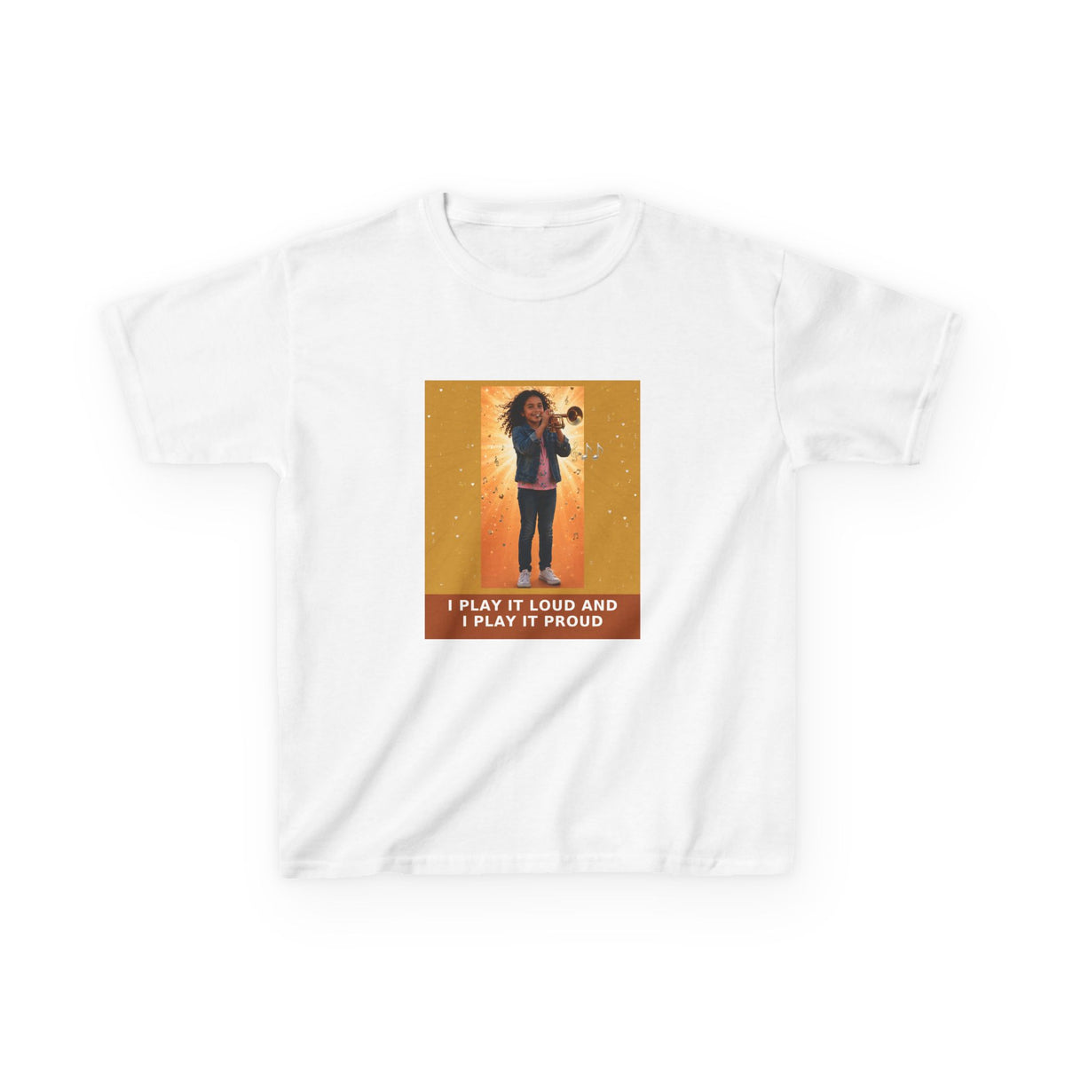 I Play It Loud and I Play It Proud — Latina Girl Trumpet Pre-Teen Musician Tee (Golden Amber) (Budget Edition) (Front Print)