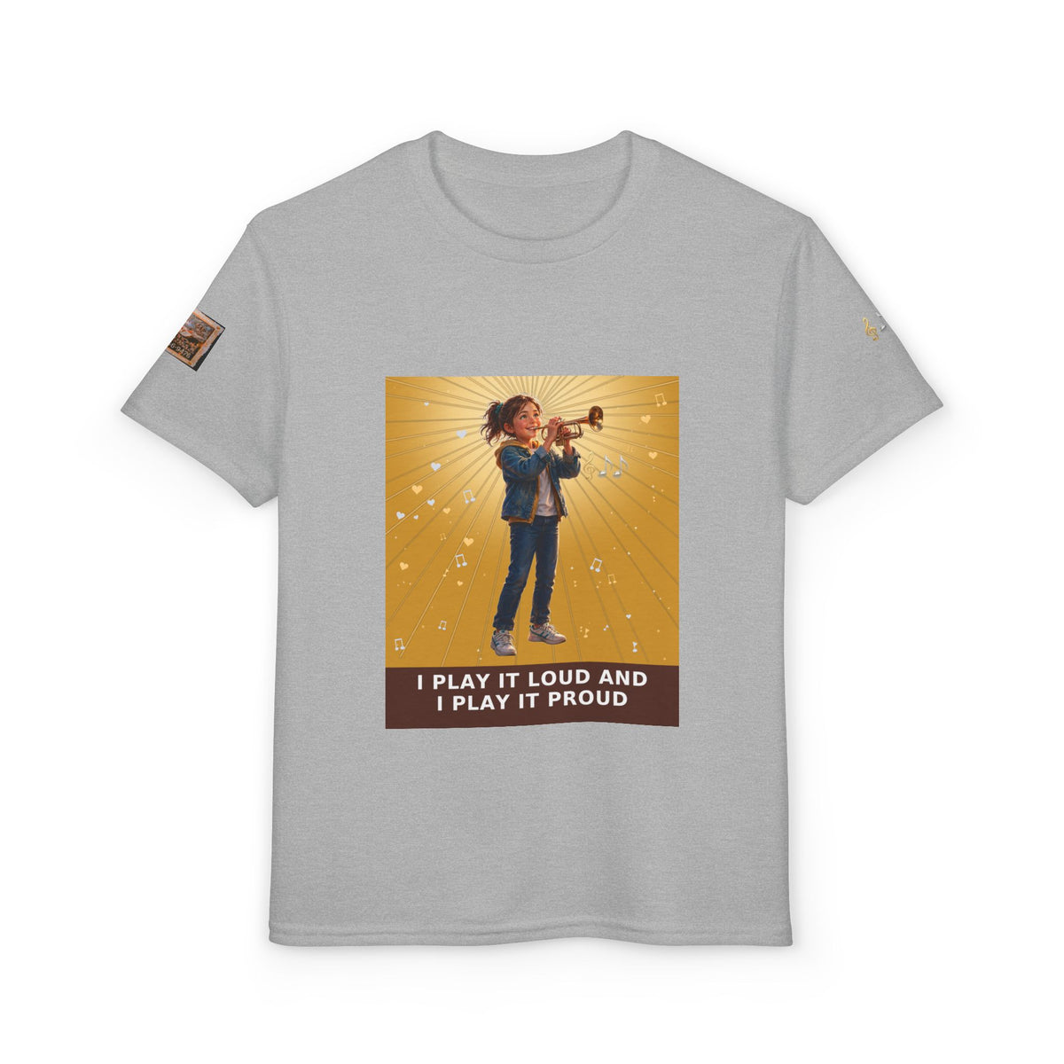 I Play It Loud and I Play It Proud — Girl Trumpet Pre-Teen Musician Tee (Golden Amber)