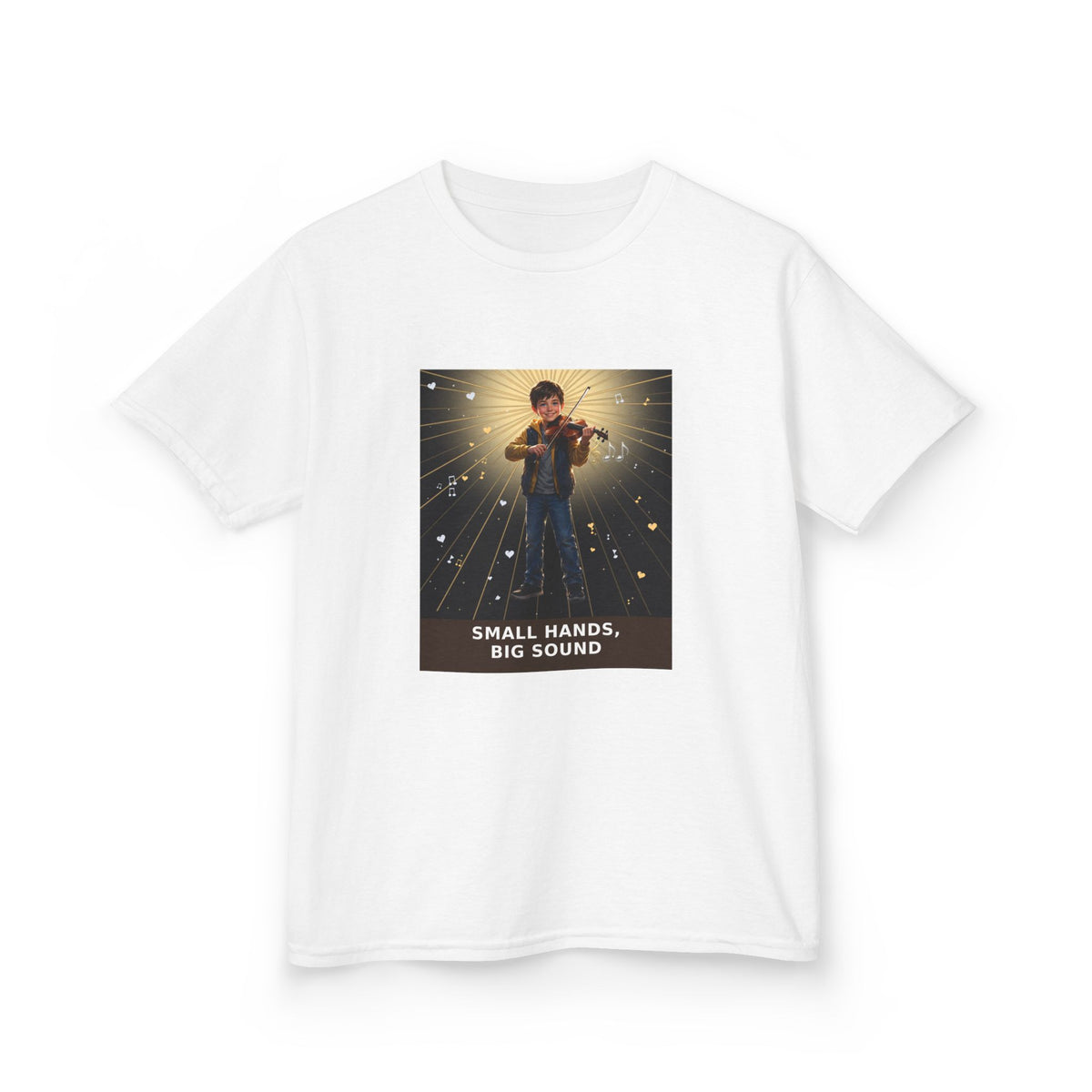 Small Hands, Big Sound — Boy Violin Pre-Teen Musician Tee (Budget Edition) (Front Print)