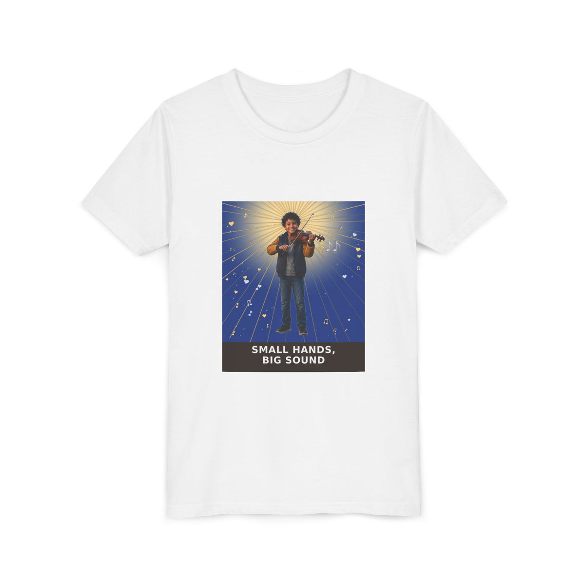 Small Hands, Big Sound — Latino Boy Violin Pre-Teen Musician Tee (Deep Blue) (Front Print)