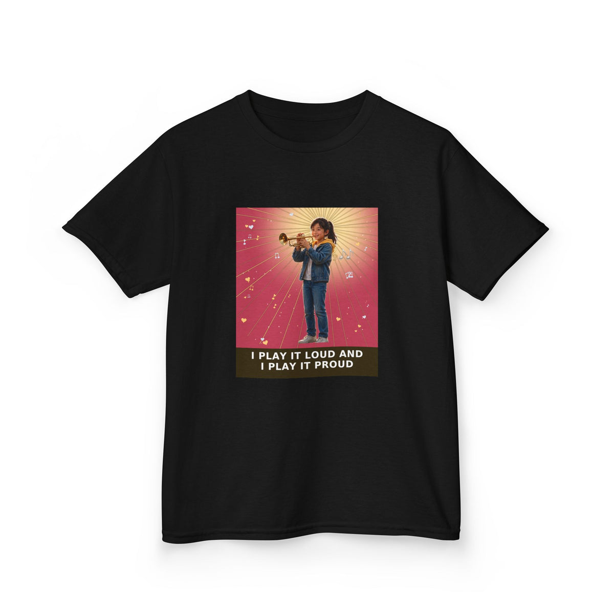 I Play It Loud and I Play It Proud — Asian Girl Trumpet Pre-Teen Musician Tee (Rose) (Budget Edition) (Front Print)