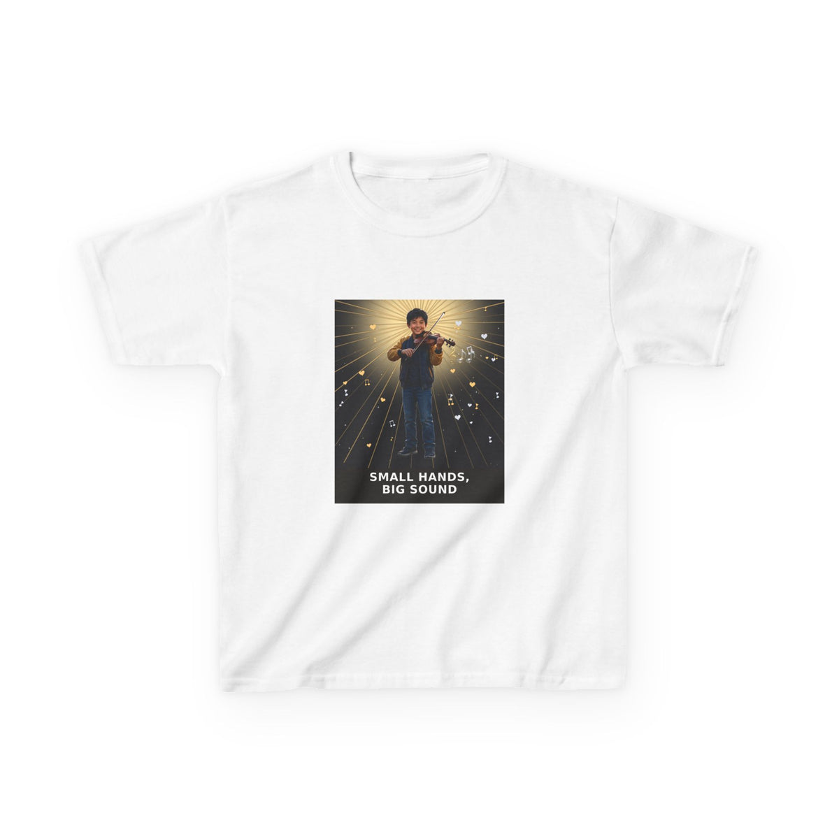 Small Hands, Big Sound — Asian Boy Violin Pre-Teen Musician Tee (Budget Edition) (Front Print)