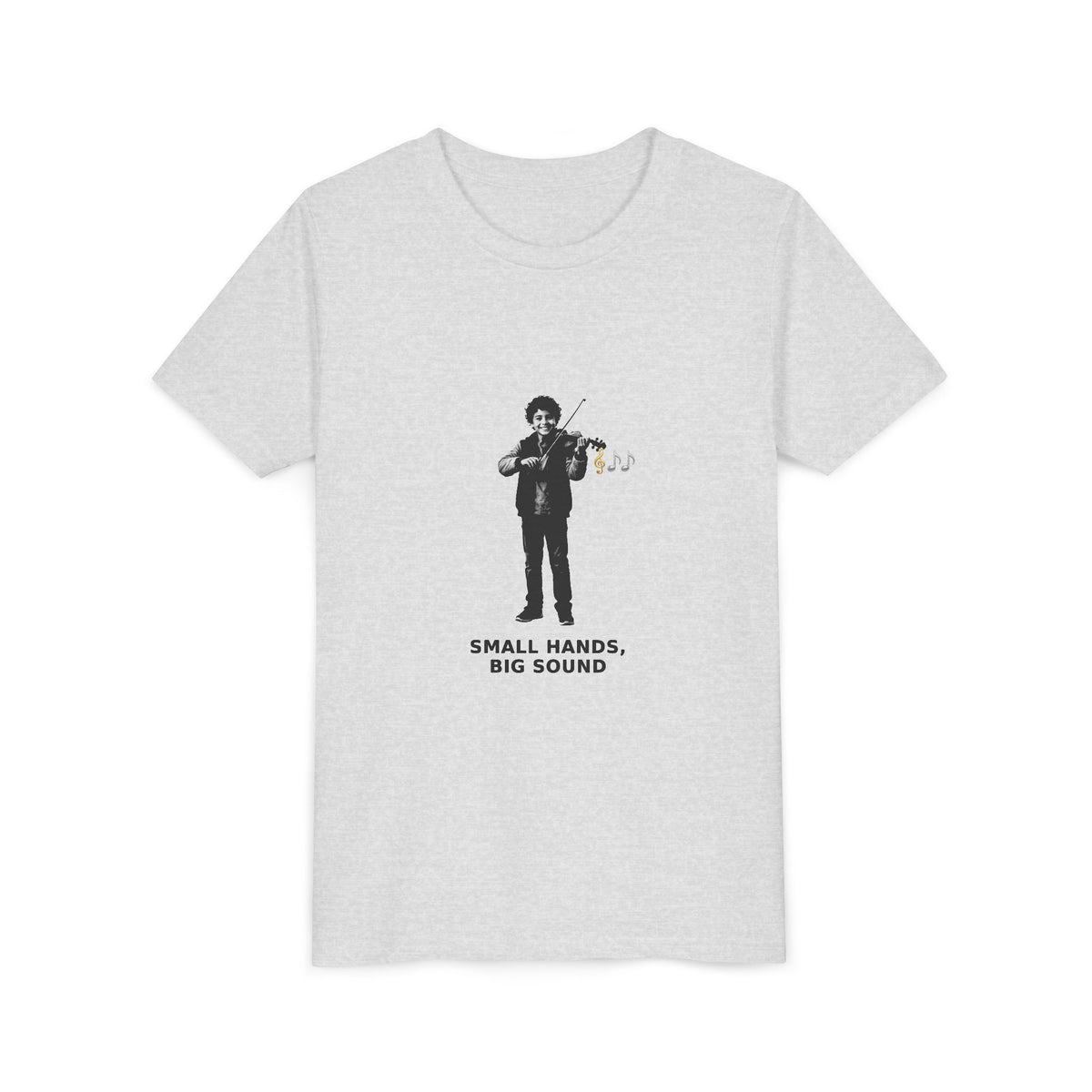 Small Hands, Big Sound — Latino Boy Violin Pre-Teen Musician Tee (Black Ink) (Front Print)