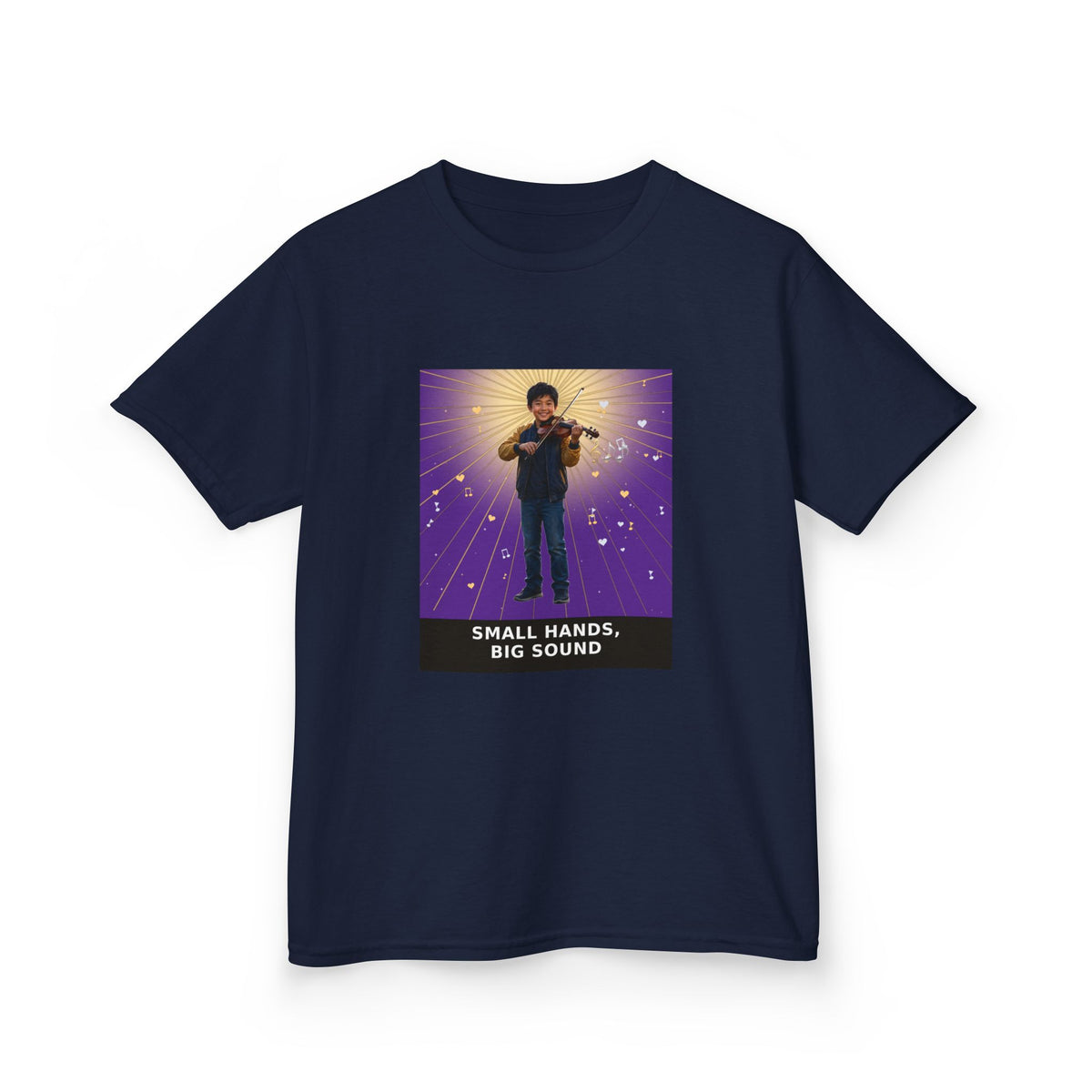 Small Hands, Big Sound — Asian Boy Violin Pre-Teen Musician Tee (Royal Purple) (Budget Edition) (Front Print)