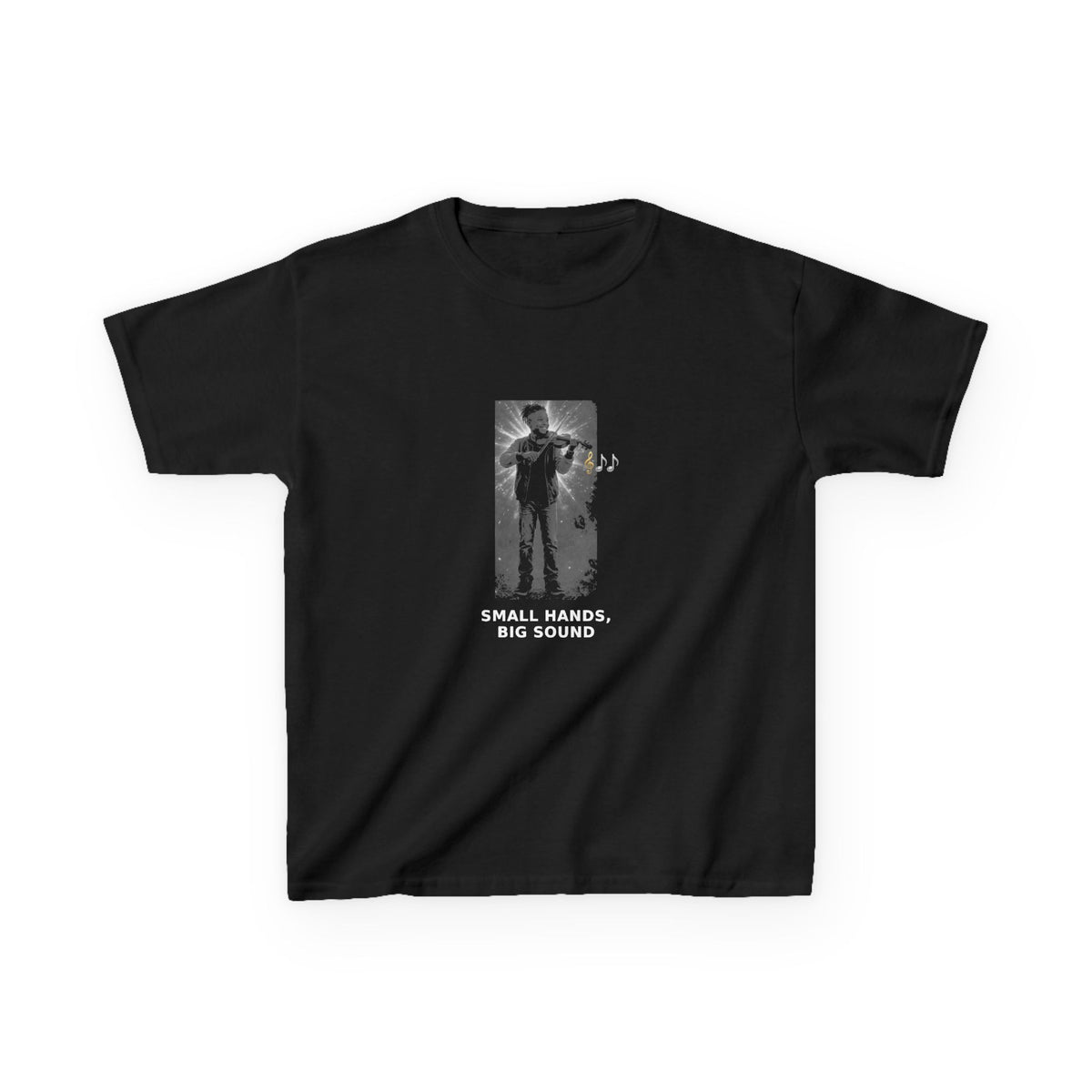 Small Hands, Big Sound — Black Boy Violin Pre-Teen Musician Tee (White Ink) (Budget Edition) (Front Print)