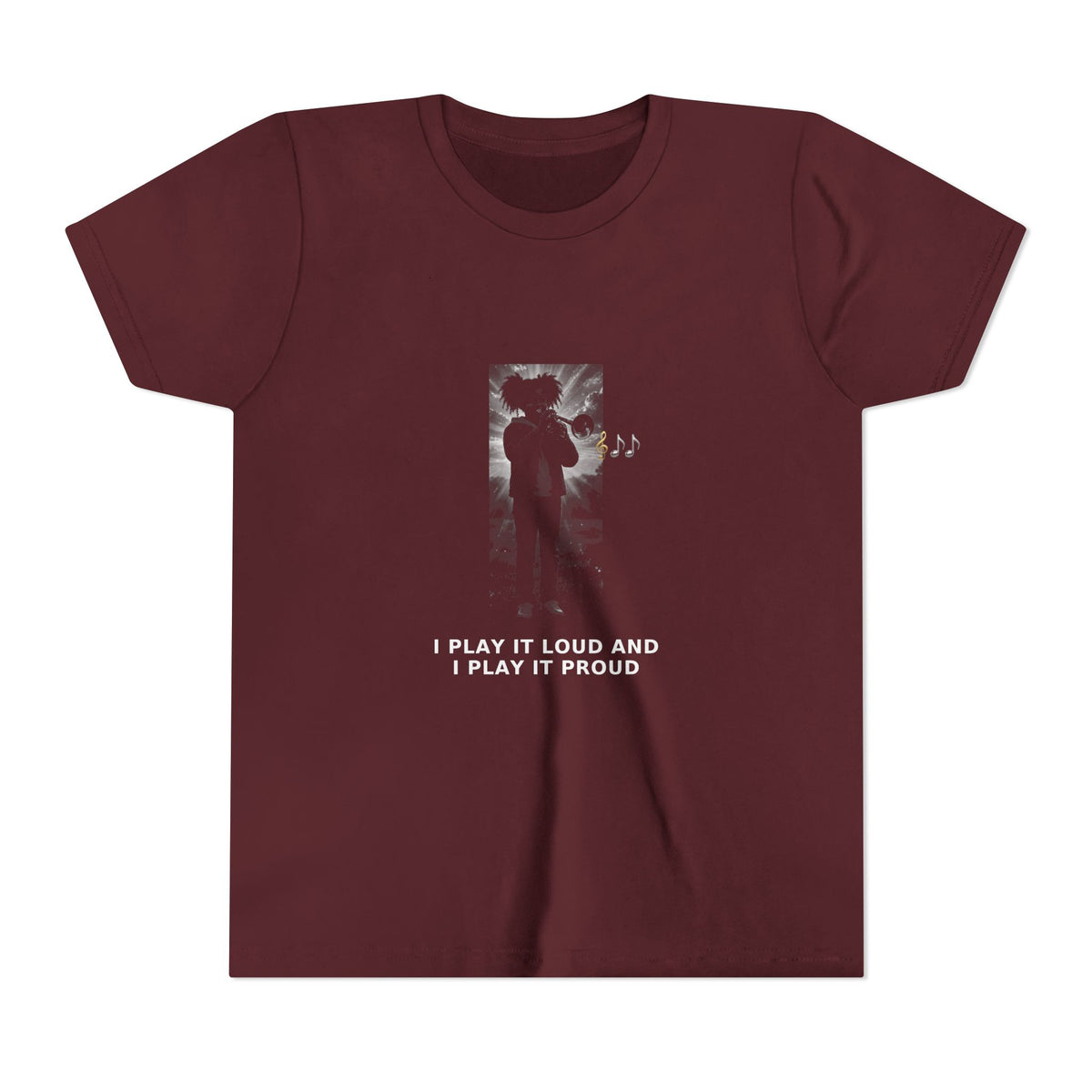 I Play It Loud and I Play It Proud — Black Girl Trumpet Pre-Teen Musician Tee (White Ink) (Front Print)