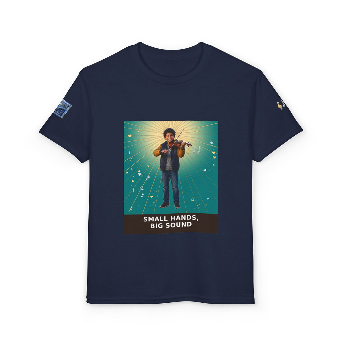 Small Hands, Big Sound — Latino Boy Violin Pre-Teen Musician Tee (Teal) (Budget Edition)