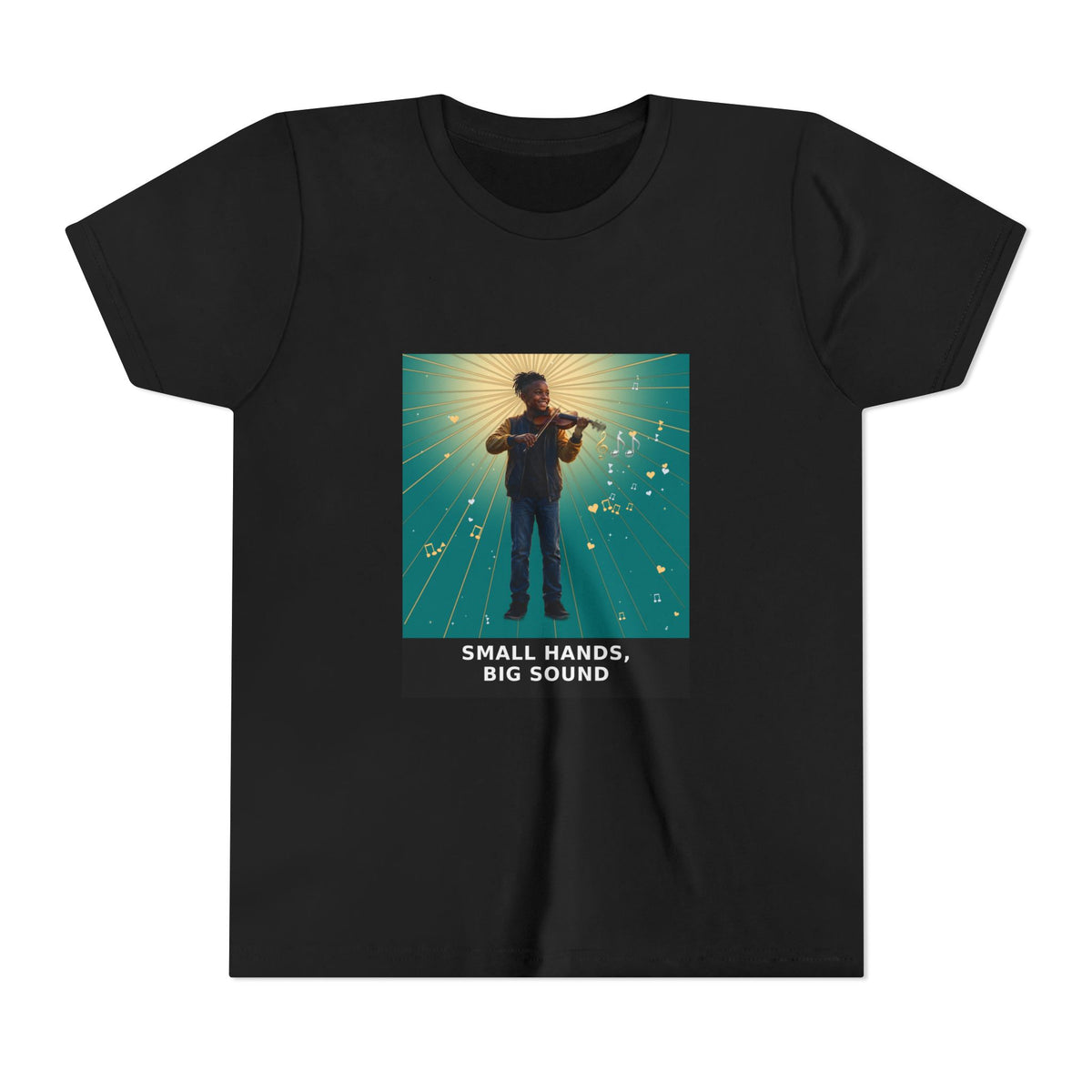 Small Hands, Big Sound — Black Boy Violin Pre-Teen Musician Tee (Teal) (Front Print)