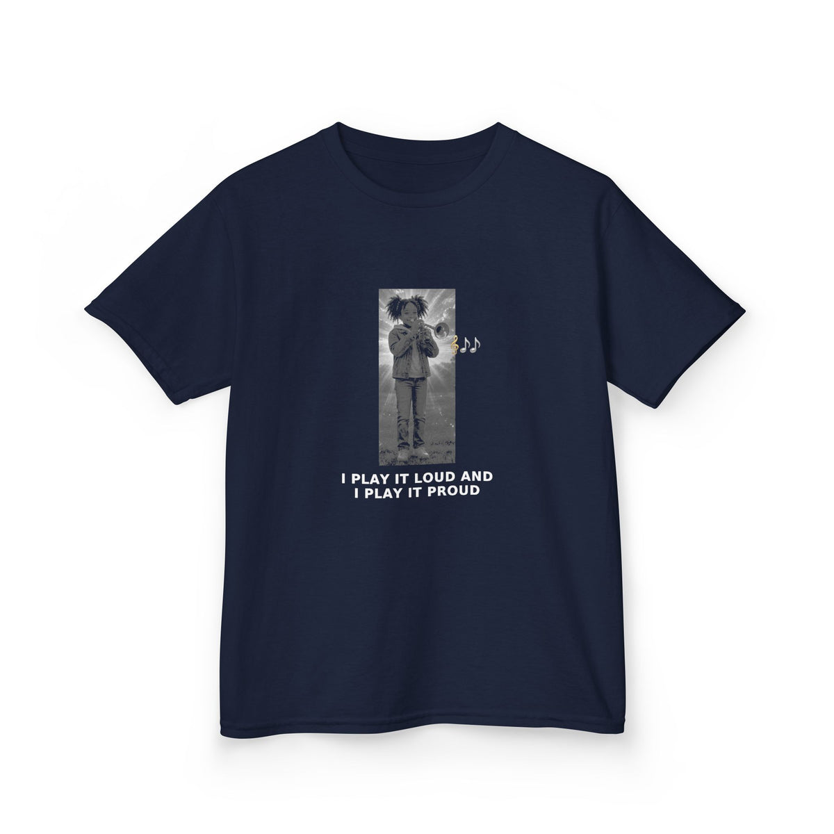 I Play It Loud and I Play It Proud — Black Girl Trumpet Pre-Teen Musician Tee (White Ink) (Budget Edition) (Front Print)