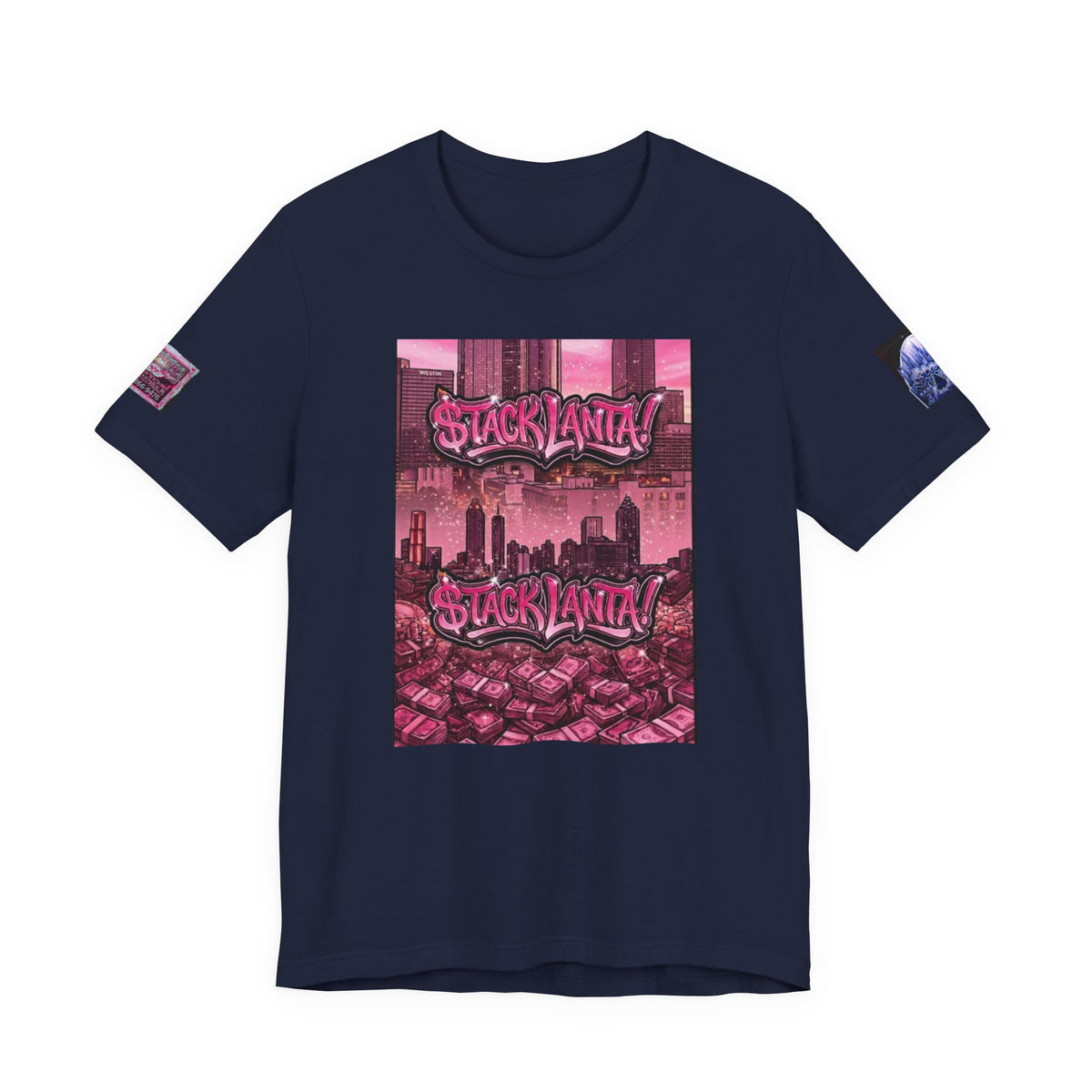 $tacklanta T-Shirt - Pink Atlanta Skyline Money Stacks Graffiti, Blue Arch Sleeve Edition