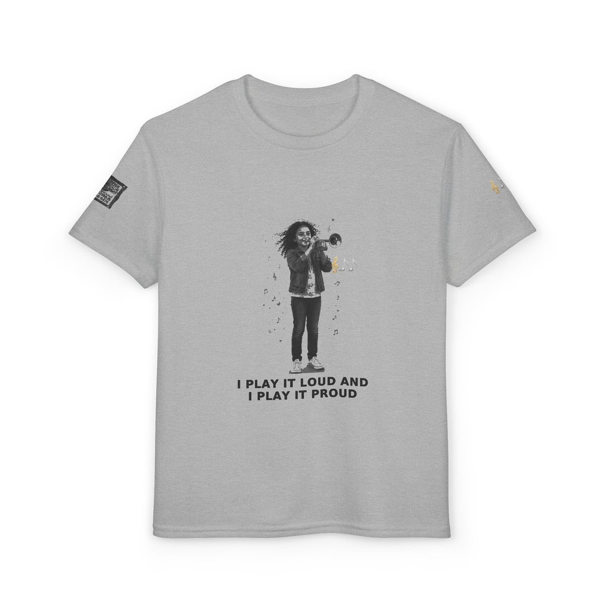 I Play It Loud and I Play It Proud — Latina Girl Trumpet Pre-Teen Musician Tee (Black Ink) (Budget Edition)