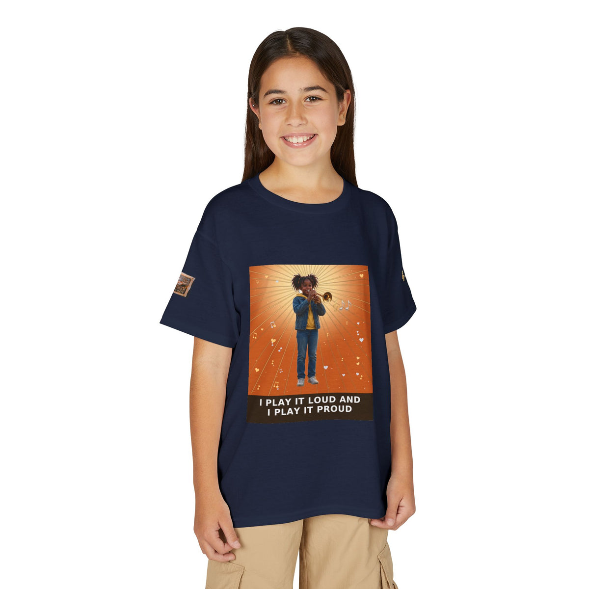 I Play It Loud and I Play It Proud — Black Girl Trumpet Pre-Teen Musician Tee (Sunset Orange)