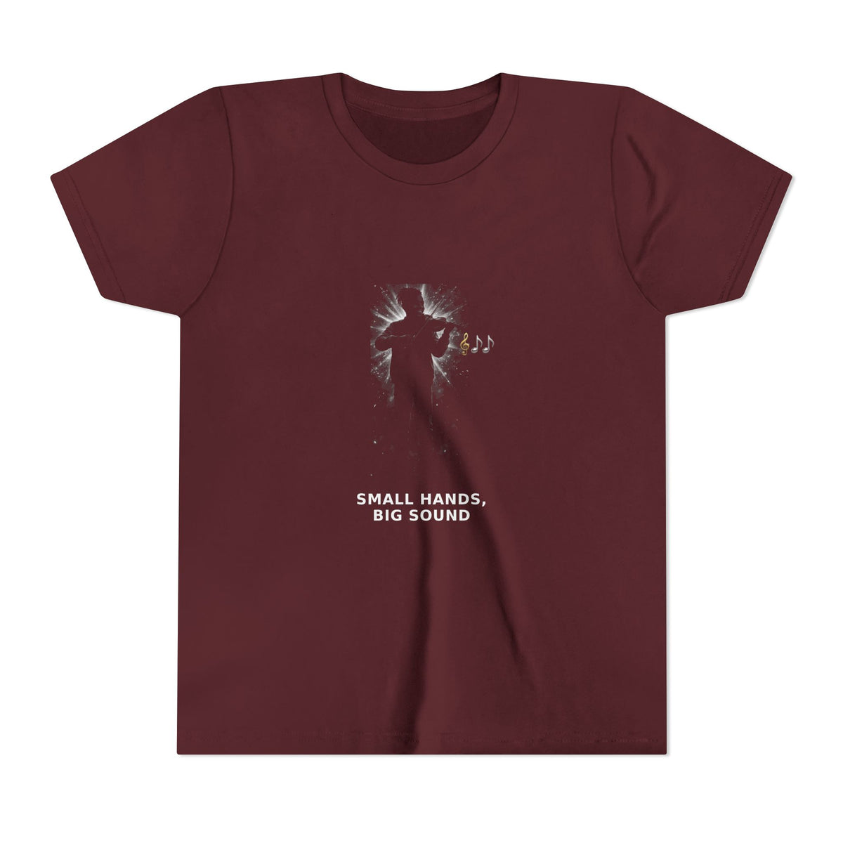Small Hands, Big Sound — Black Boy Violin Pre-Teen Musician Tee (White Ink) (Front Print)