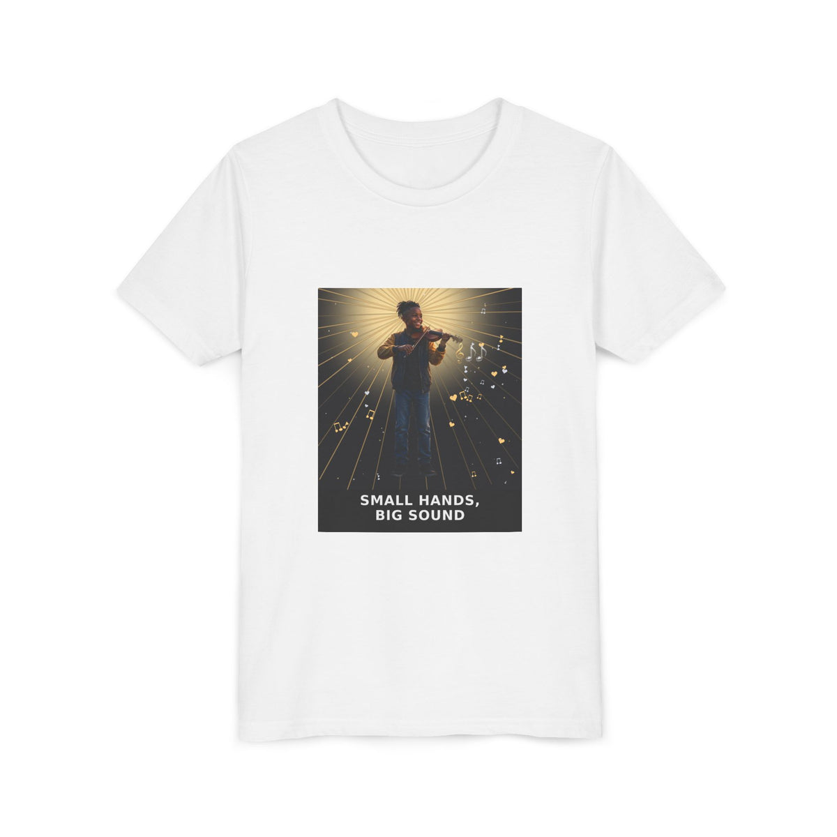 Small Hands, Big Sound — Black Boy Violin Pre-Teen Musician Tee (Front Print)