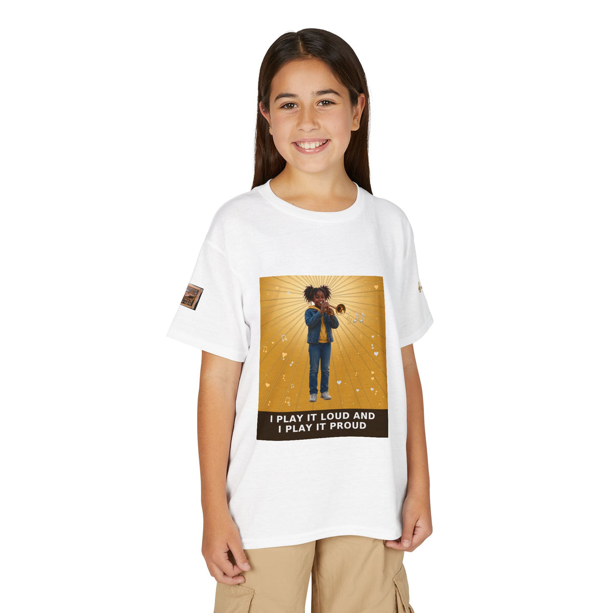 I Play It Loud and I Play It Proud — Black Girl Trumpet Pre-Teen Musician Tee (Golden Amber) (Budget Edition)